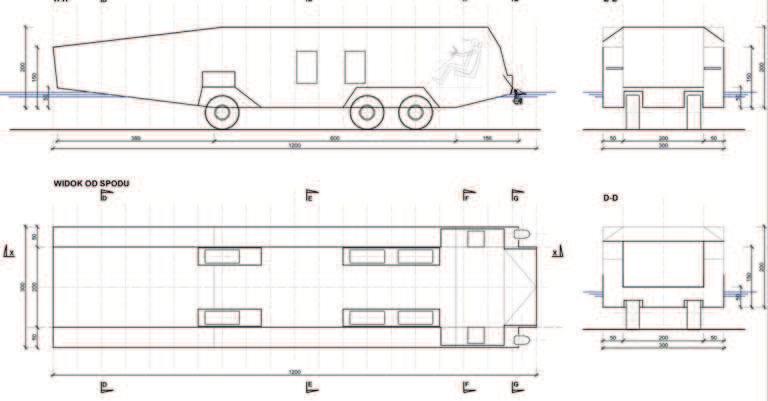 wybrane elementy metodyki i metody projektowania pojazdów amfibijnych ratownictwa powodziowego 95 WIDOK OD SPODU Rys. 2. Wstępny kształt pojazdu amfibijnego Rys. 3.