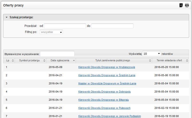 Element umożliwia wyszukiwanie ofert pracy według kryteriów takich jak: wszystkie, aktualne, nieaktualne.