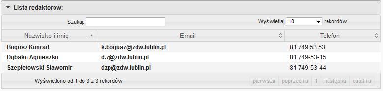 Rys.2 - Lista redaktorów BIP, wyszukiwarka Aby wyszukać danego redaktora, w pole Szukaj" wystarczy wpisać imię lub/i nazwisko redaktora. 1.