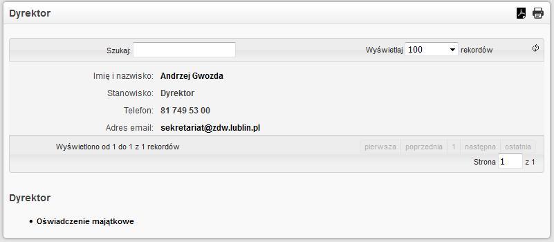 Rys.8 Szczegółowe dane pracownika jednostki 2.3 Załatwianie spraw - dział zawiera informacje dotyczące sposobu przyjmowania i załatwiania spraw w Zarządzie Dróg Wojewódzkich w Lublinie. Rys.