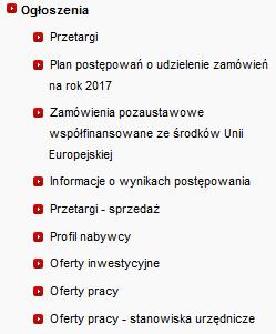 Rys. 12 - Ogłoszenia 2.5.1 Przetargi - dział zawiera ogłoszenia o zamówieniach publicznych.