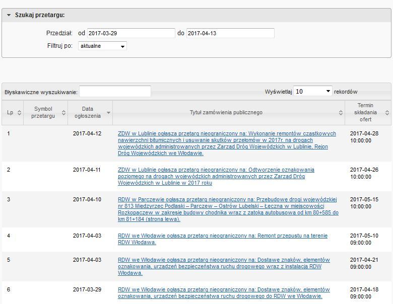 Rys. 13 - Przetargi 2.5.2 Plan postępowań o udzielenie zamówień na rok 2017 - dział zawiera listę dokumentów.