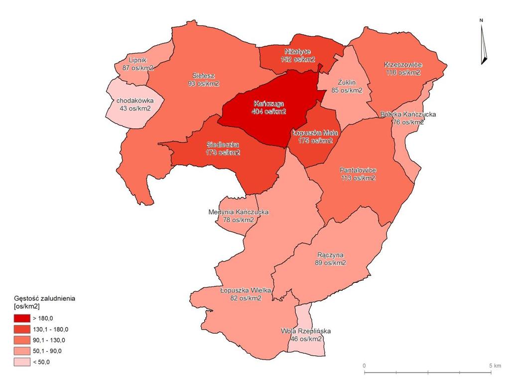 Mapa nr 1 Gęstość zaludnienia w jednostkach urbanistycznych Miasta i Gminy Kańczuga Źródło danych: Opracowanie własne 3.2.