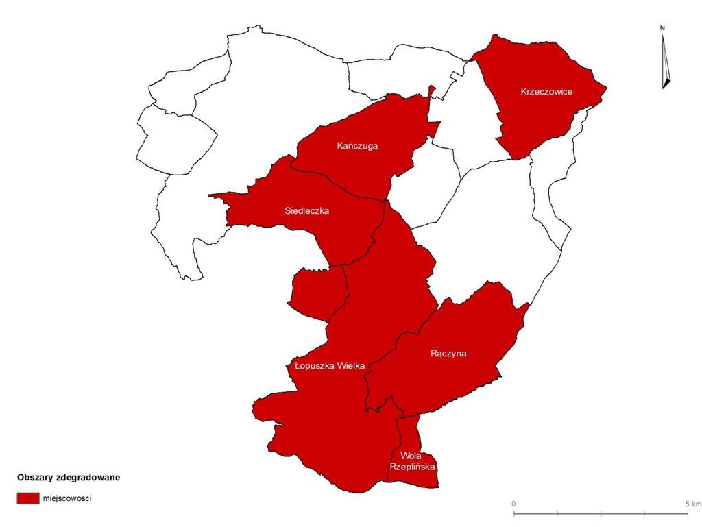 Kańczuga, Krzeczowice, Łopuszka Wielka, Medynia Kańczucka, Rączyna, Siedleczka i Wola Rzeplińska, gdzie negatywne zjawiska w sferze społecznej występują wspólnie z negatywnymi zjawiskami w