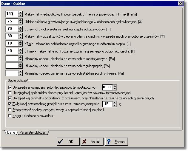 9 Przykłady Dialog Dane - Ogólne z wprowadzonymi parametrami obliczeń Szczegółowe informacje na temat dialogu z ogólnymi danymi podano w punkcie