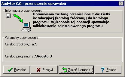 Audytor C.O. 3.5 Dialog Przenoszenie uprawnień Znaczenie poszczególnych pól dialogu jest następujące: Informacja o przenoszeniu - pole tekstowe Informacja o kierunku przenoszenia uprawnień.