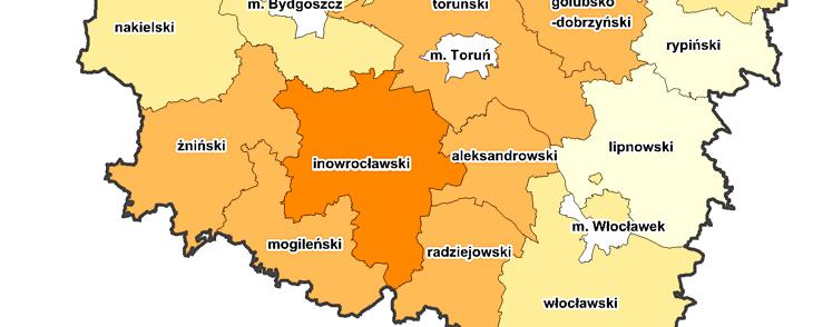 Najkorzystniejsze warunki (z liczbą punktów powyżej 80) występują w trzech powiatach województwa: grudziądzkim, chełmińskim, inowrocławskim, natomiast korzystne (z liczbą punktów 70-80) w powiecie
