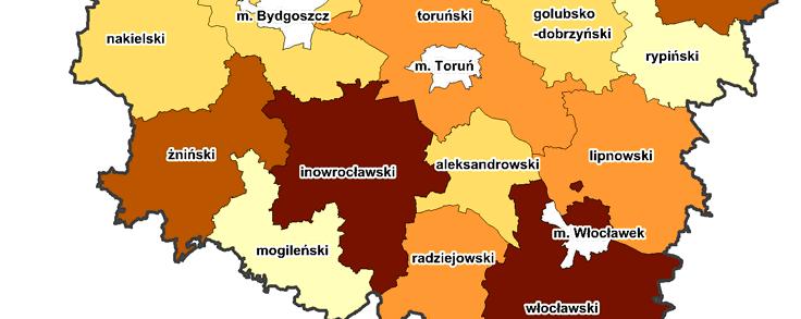 Aż ¼ produkcji roślinnej całego województwa pochodzi z powiatów: inowrocławskiego i włocławskiego.