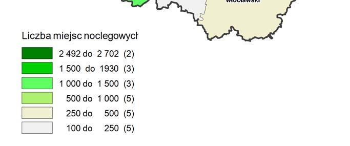 Liczba miejsc noclegowych w obiektach turystycznych zbiorowego zakwaterowania z wyłączeniem miejsc noclegowych w zakładach uzdrowiskowych w 2010 roku Największa liczba miejsc noclegowych znajdowała