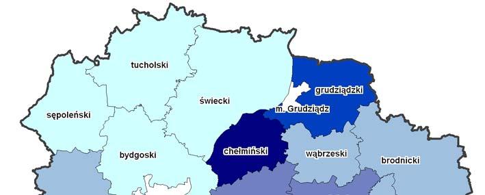 24 Sytuacja społeczno-gospodarcza województwa kujawsko-pomorskiego. Rysunek 17. Gęstość sieci drogowej na terenie powiatów w 2010 r.