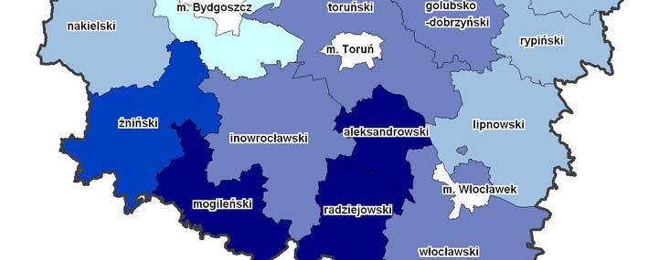 Najwyższym wskaźnikiem gęstości sieci drogowej wynoszącym 1,28 km/km 2 w całym województwie cechuje się powiat radziejowski.