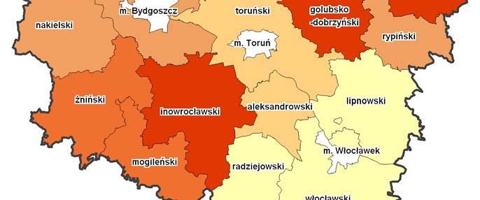 poszczególnych powiatach. Zróżnicowania te świadczą o dużych zapóźnieniach pewnych części województwa. Powiaty o zbliżonej powierzchni terenu i liczbie ludności, np.