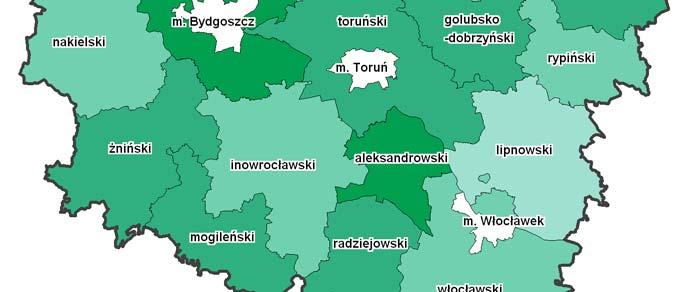 jest nieznacznie bardziej zauważalny w zachodniej części województwa. Aczkolwiek pozostała część województwa reprezentuje podobny poziom badanej cechy.