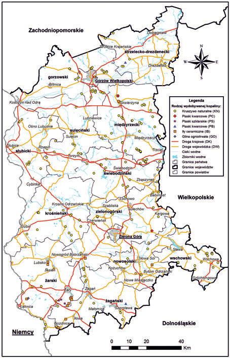 Rys. 4. Lokalizacja złóż surowców skalnych w województwie lubuskim [1, 2] Fig. 4. Location of rock deposits in lubuskie region [1, 2] północno-zachodniego posiada największy współczynnik wystarczalności surowców piaskowo-żwirowych i wynosi on około 59 lat.