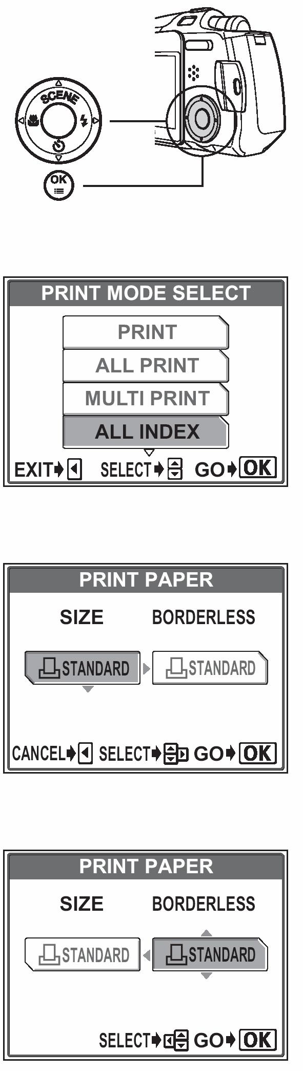 Drukowanie indeksu (ALL INDEX) / Tryb zamówienia wydruku (PRINT ORDER) 1 Na ekranie [PRINT MODE SELECT] naciśnij strzałkę lub, aby wybrać pozycję [ALL INDEX] lub [PRINT ORDER], a następnie naciśnij
