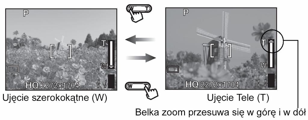 Korzystanie z zoomu Niniejszy aparat posiada dwa systemy zoomu jeden to normalny zoom optyczny, a drugi to system zoomu cyfrowego.