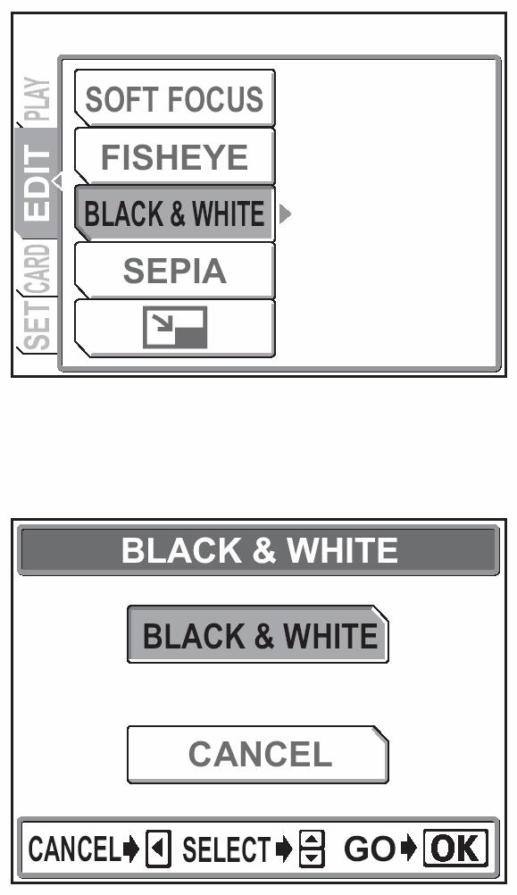 4 Naciśnij strzałkę lub, aby wybrać pozycję [BLACK & WHITE]. Naciśnij strzałkę, aby przejść do ekranu ustawień dla zdjęć czarno-białych (BLACK &WHITE).