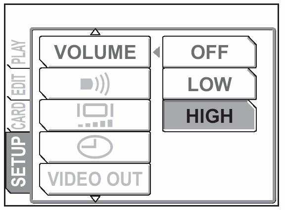 4 Naciśnij strzałkę lub, by wybrać głośność [LOW] (niska) lub [HIGH] (duża), lub ją wyłączyć [OFF]. Wskazówki! Aby całkowicie wyłączyć dźwięk odtwarzania wybierz pozycję [OFF].