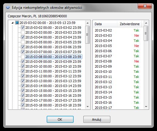 Menu główne 70 każdy okres braku danych występujący na przełomie dni podzielony jest wg daty wystąpienia dzięki temu każde z poszczególnych dni można osobno zatwierdzać (rys. poniżej); Rys.