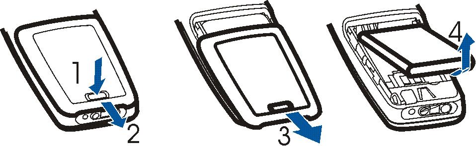 1. Naci nij przycisk zwalniaj±cy (1), a nastêpnie otwórz i zdejmij tyln± pokrywê (2, 3). Podwa bateriê koñcem palca i wyjmij j± z telefonu (4). 2.