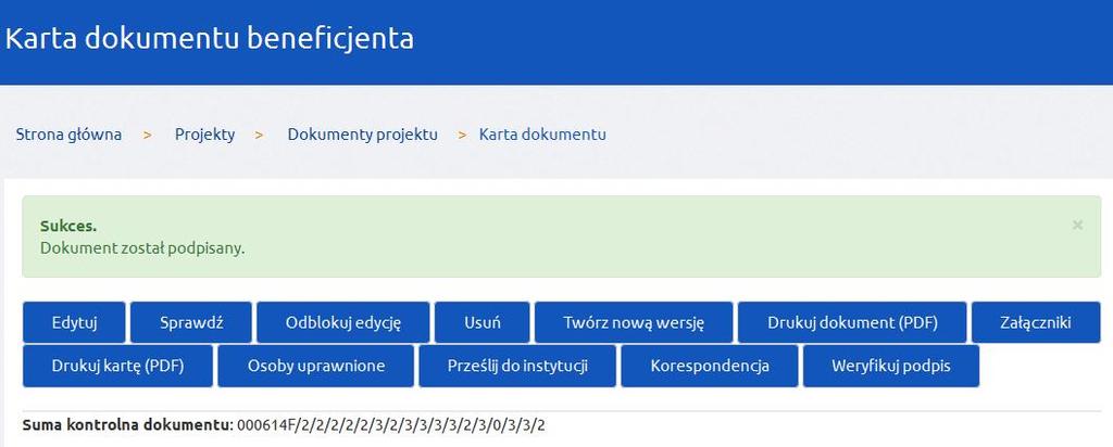 Z widoku karty dokumentu istnieje możliwość zweryfikowania złożonego na wniosku podpisu elektronicznego poprzez kliknięcie przycisku