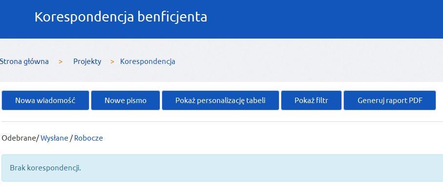 Korespondencja grupowana jest w postaci tabel w trzech zakładkach Odebrane, Wysłane i Robocze. W górnym menu dostępne są przyciski funkcyjne.