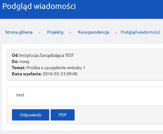 Na kaflu Projekty znajduje się ikonka koperty, pod którą wyświetlona jest liczba nieprzeczytanych wiadomości: Dodatkowo po wejściu na kafel Projekty, przy danym projekcie widnieje informacja o