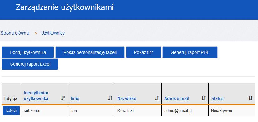 Aby dodać nowego użytkownika należy kliknąć przycisk Dodaj użytkownika, a następnie wypełnić formularz i zatwierdzić