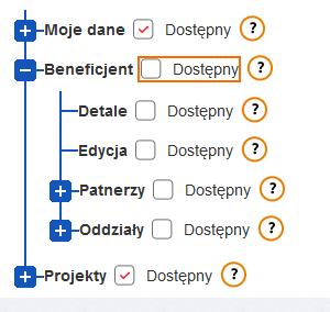 Uprawnienia dotyczą trzech obszarów systemu: Moje dane, Wnioskodawca/ beneficjent i Projekty. Mechanizmy pozwalają na danie lub odebranie użytkownikowi dostępu do danej funkcji systemu.