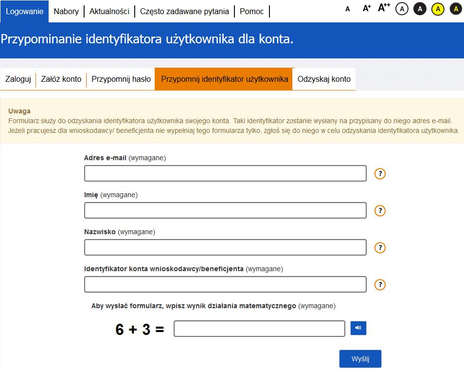 6. Odzyskiwanie konta Jest to funkcja, która pozwala na odzyskanie konta wraz z danymi projektów przez nowo zakładane konto.