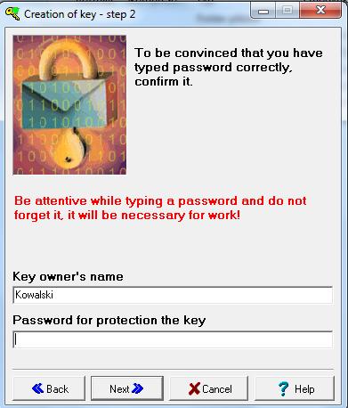 Password for protection the key Wpisujemy hasło służące do późniejszego logowania do systemu; Następnie klikamy Next i wpisujemy po raz