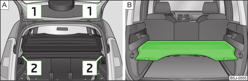 Przykłady mocowania siatek do mocowania bagażu jako podwójnej torby poprzecznej, siatki do mocowania bagażu» rys. 65 - i podwójnych toreb wzdłużnych» rys. 65 -. Nie przekraczać maksymalnego dozwolonego obciążenia siatek.