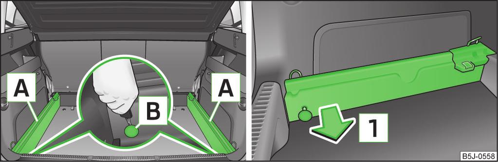 Wyontowanie / zamontowanie szyn nośnych Wymontowanie i zamontowanie regulowanej podłogi bagażnika Rys.