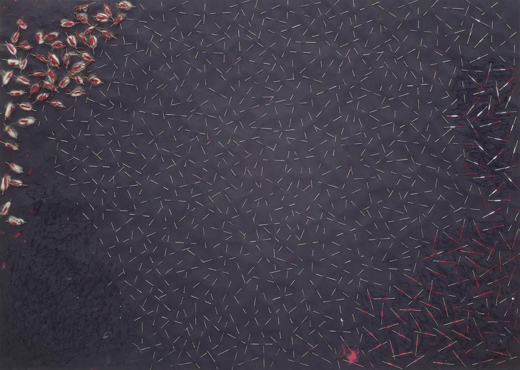 17. Teresa Tyszkiewicz (1953) Bez tytułu 1980 assamblage, metalowe szpilki, wata, czerwona farba olejna, czarny karton, 69 x 49,5 cm cena wywoławcza: 6.000 PLN estymacja: 10.000-12.