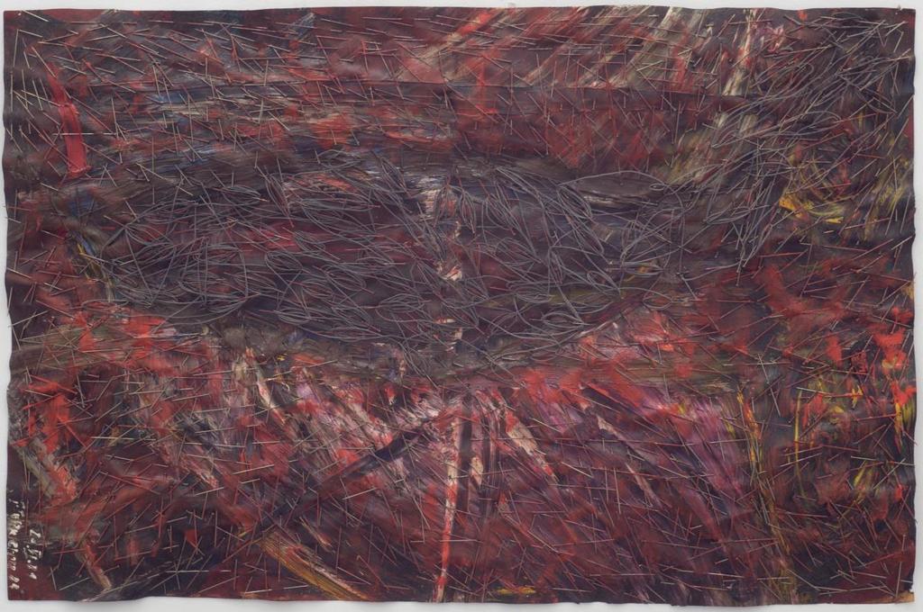 18. Teresa Tyszkiewicz (1953) Bez tytułu 1981 assamblage, metalowe szpilki, drut, olej, papier, 46,8 x 31 cm sygn. i dat. na przodzie cena wywoławcza: 6.000 PLN estymacja: 10.000-12.