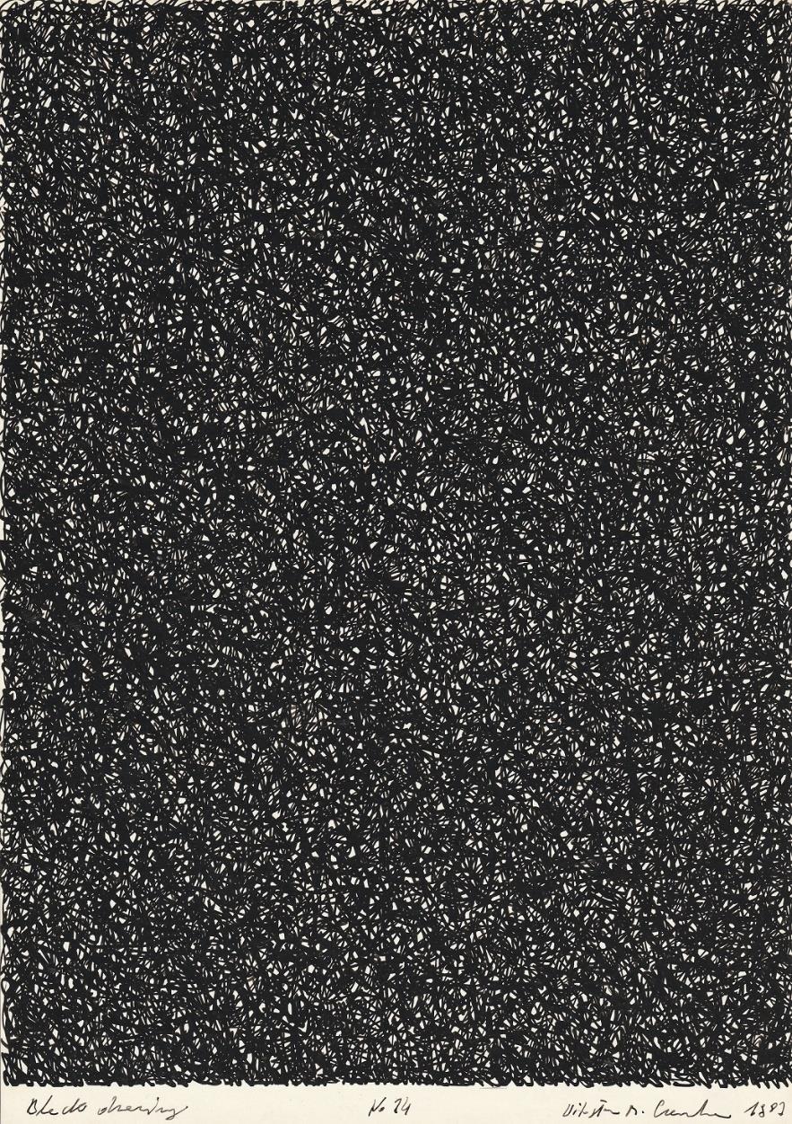 33. Witosław Czerwonka (1949-2015) Z cyklu Black Drawing, nr 14 1987 tusz, papier, 29,7 x 21,1 cm sygn., dat. tytuł i numer na przodzie cena wywoławcza: 2.000 PLN estymacja: 3.000-4.