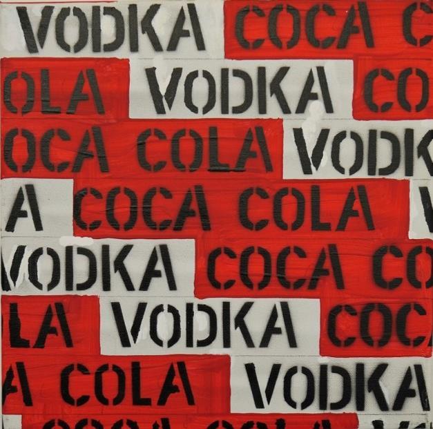 40. Paweł Susid (1952) (Coca cola / Vodka ) z serii Zrozumieć słowa i wyciągnąć wnioski. 2010 akryl na płótnie, 29,8 x 30 cm sygn. i dat. na odwrocie cena wywoławcza: 7.000 PLN estymacja: 8.000-10.