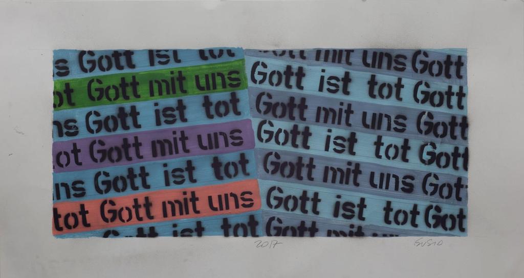 44. Paweł Susid (1952) (Gott mit uns / Gott is tot ) z serii Zrozumieć słowa i wyciągnąć wnioski. 2017 akryl na papierze, 37 x 69 cm sygn. i dat. na przodzie cena wywoławcza: 6.000 PLN estymacja: 8.