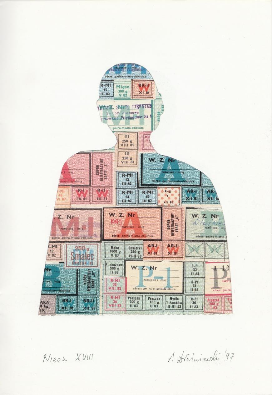6. Andrzej Dłużniewski (1939-2012) Z serii Nieon, nr XVIII 1995 kolaż, papier (kartki na niedostępne produkty), 30 x 24 cm sygn., dat. i tytuł na przodzie cena wywoławcza: 7.000 PLN estymacja: 10.