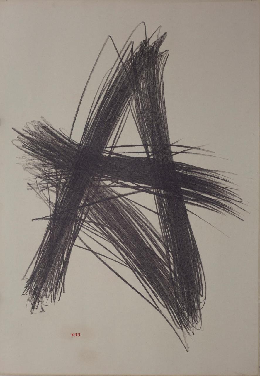 7. Jarosław Kozłowski (1945) 99 x A 1981 rysunek, czarna kredka, litery letrasetowe, biały karton, 100 x 70 cm sygn., dat. i tytuł na odwrocie cena wywoławcza: 16.000 PLN estymacja: 30.000-35.