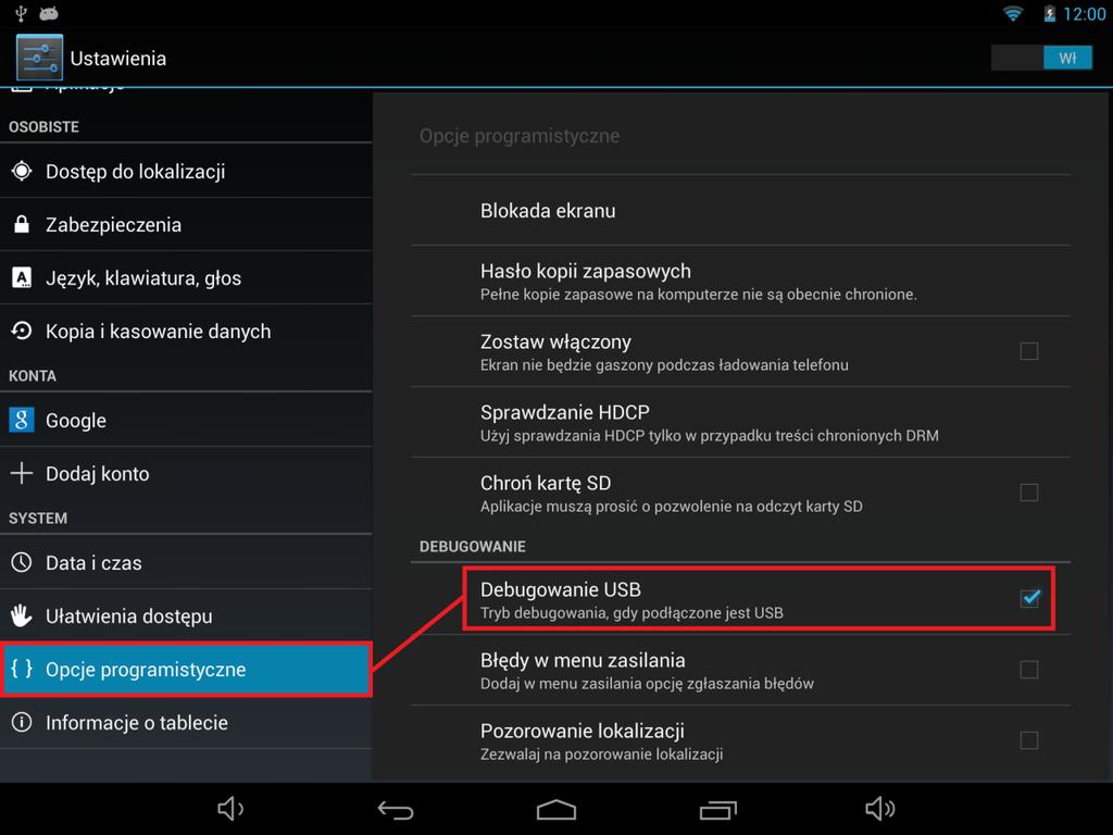 5. Uruchom w tablecie funkcję debugowania usb, opcja musi być zaznaczona