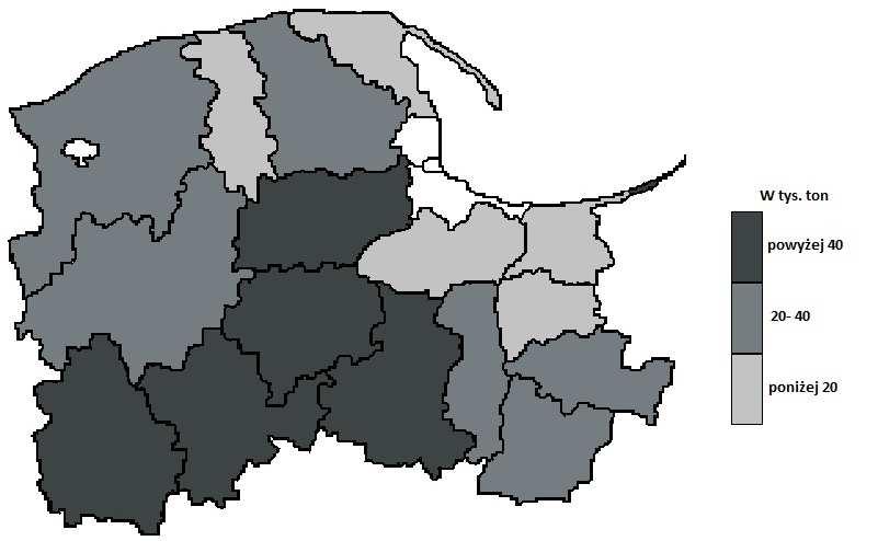 90 Karolina Gafka, Dorota Janiszewska człuchowskim, gdańskim i malborskim, odpowiednio 3,6 tys. ton, 5,5 tys. ton i 6,6 tys. ton (tab. 3). Rysunek 2.