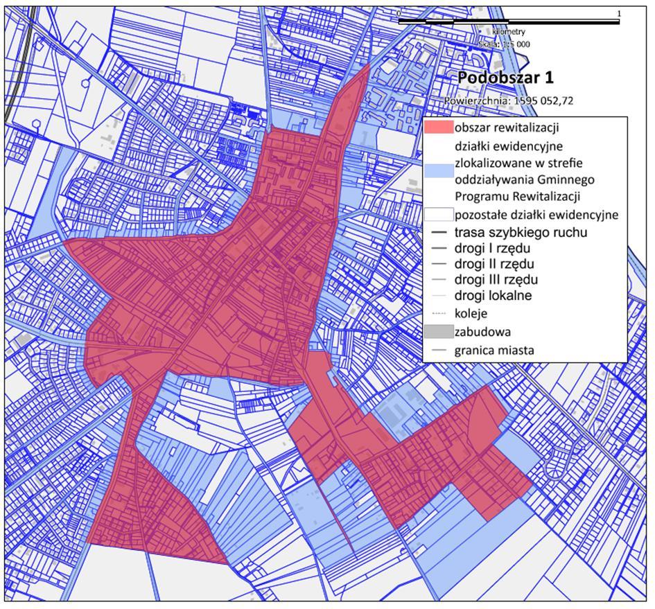 Mapa 4. Podobszar rewitalizacji nr 1 miasta Ostrów Mazowiecka (opracowanie własne).