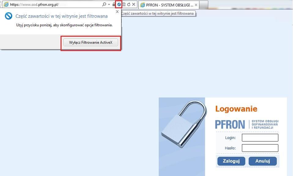 Jeśli tak, należy kliknąć tę ikonkę, a następnie nacisnąć przycisk Wyłącz filtrowanie ActiveX.