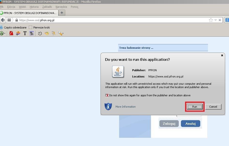 Przy ponownym logowaniu do SODiR może pojawić się komunikat Do you want to run this application?