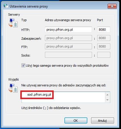 W oknie Ustawienia serwera proxy należy w sekcji Wyjątki wypełnić pozycję Nie używaj serwera proxy do adresów zaczynających się od: wartością sod.pfron.org.