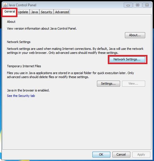 W oknie Java Control Panel należy wybrać zakładkę General oraz kliknąć w przycisk Network Settings W