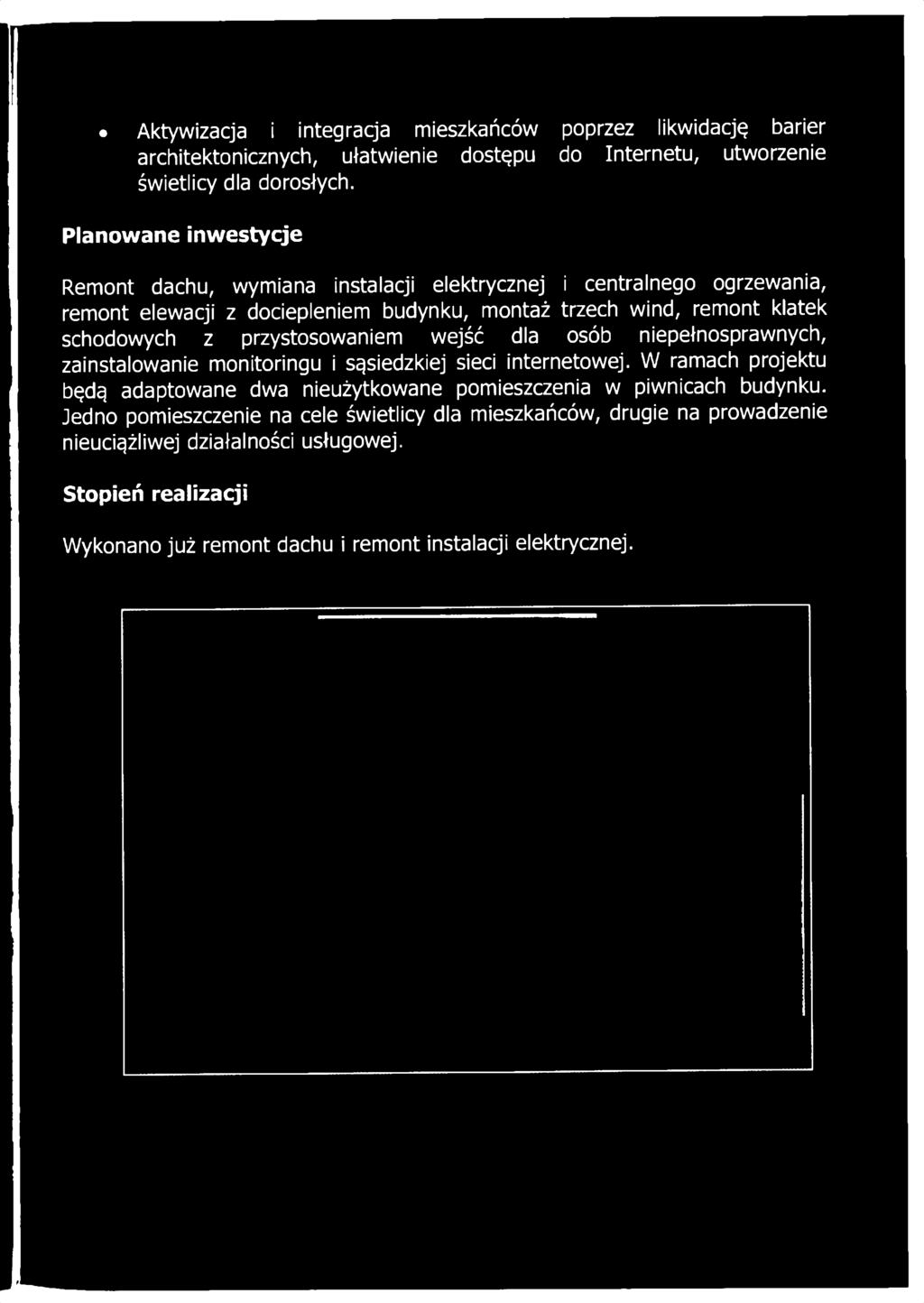 Planowane inwestycje Remont dachu, wymiana instalacji elektrycznej i centralnego ogrzewania, remont elewacji z