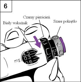 Krok 6. Ustawienie dawki Za pomocą czarnego pierścienia ustawić dawkę leku. Zachować ostrożność, aby nie przesunąć szarego pokrętła przy ustawianiu dawki. e.