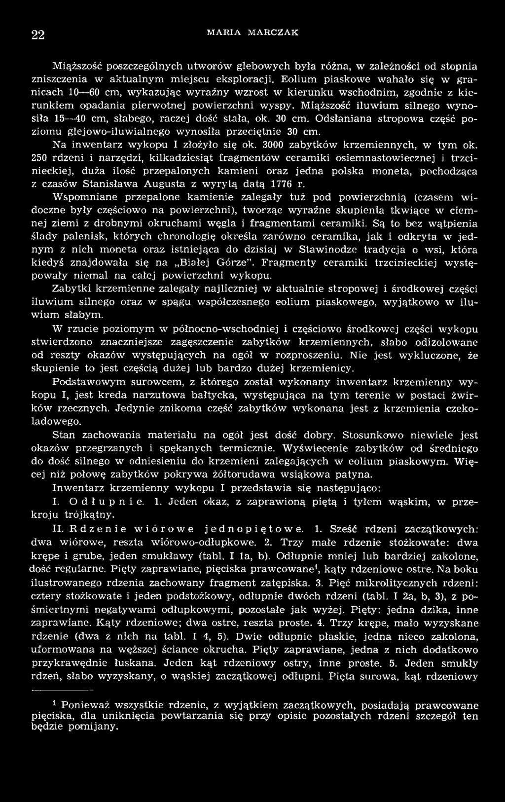 250 rdzeni i narzędzi, kilkadziesiąt fragmentów ceramiki osiemnastowiecznej i trzcinieckiej, duża ilość przepalonych kamieni oraz jedna polska moneta, pochodząca z czasów Stanisława Augusta z wyrytą